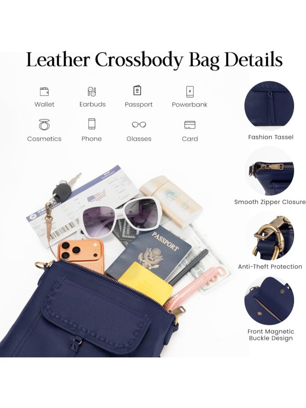 Women's Navy Blue Genuine Leather Crossbody Bag Anti Theft Shoulder Purse Travel - Picture 4 of 7
